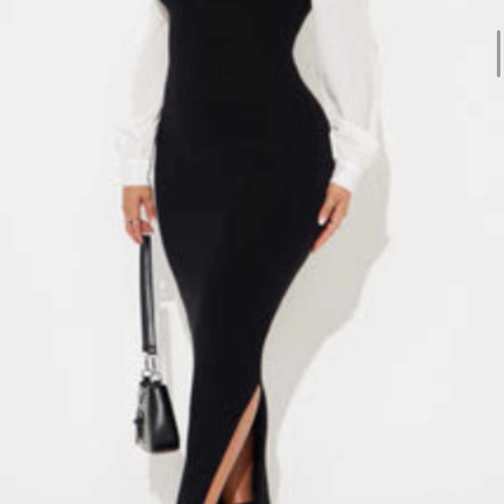 Fashion Nova Black and White Sheath Dress with Bishop Sleeves